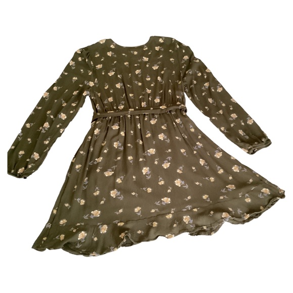 SO Side-Tie Faux-Wrap Ruffle Olive Green Floral V-Neck Long Sleeves Dress Sz XL - Picture 2 of 16